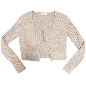 NWT ASTER 90s Retro Cropped Stretch Cardigan Scoop Neck Rib Knit Cardi Neutral